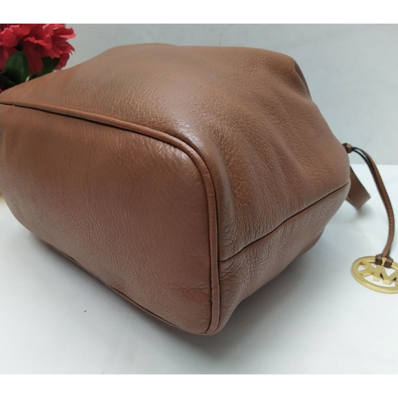 Michael Kors Frankie Brown Pebbled Leather Drawstring Convertible Shoulder Bag - Picture 14 of 16